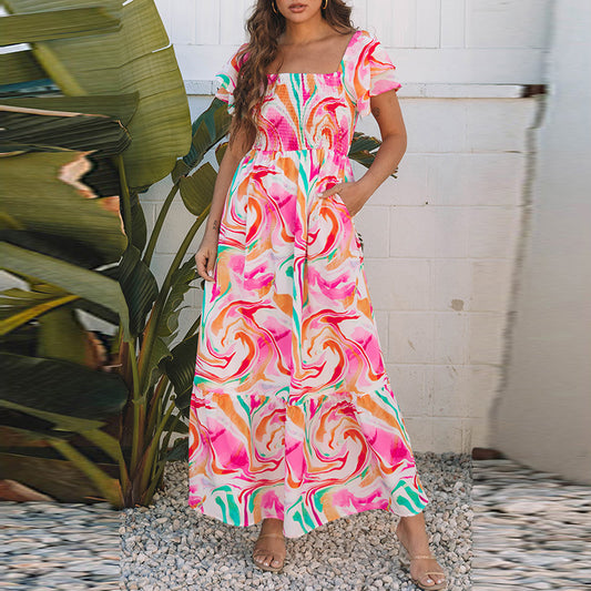 European And American Fashion All-match Abstract Printing High Waist Dress