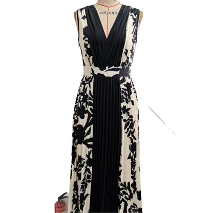 Sleeveless Printed Temperament V-neck Color-block Midi Dress