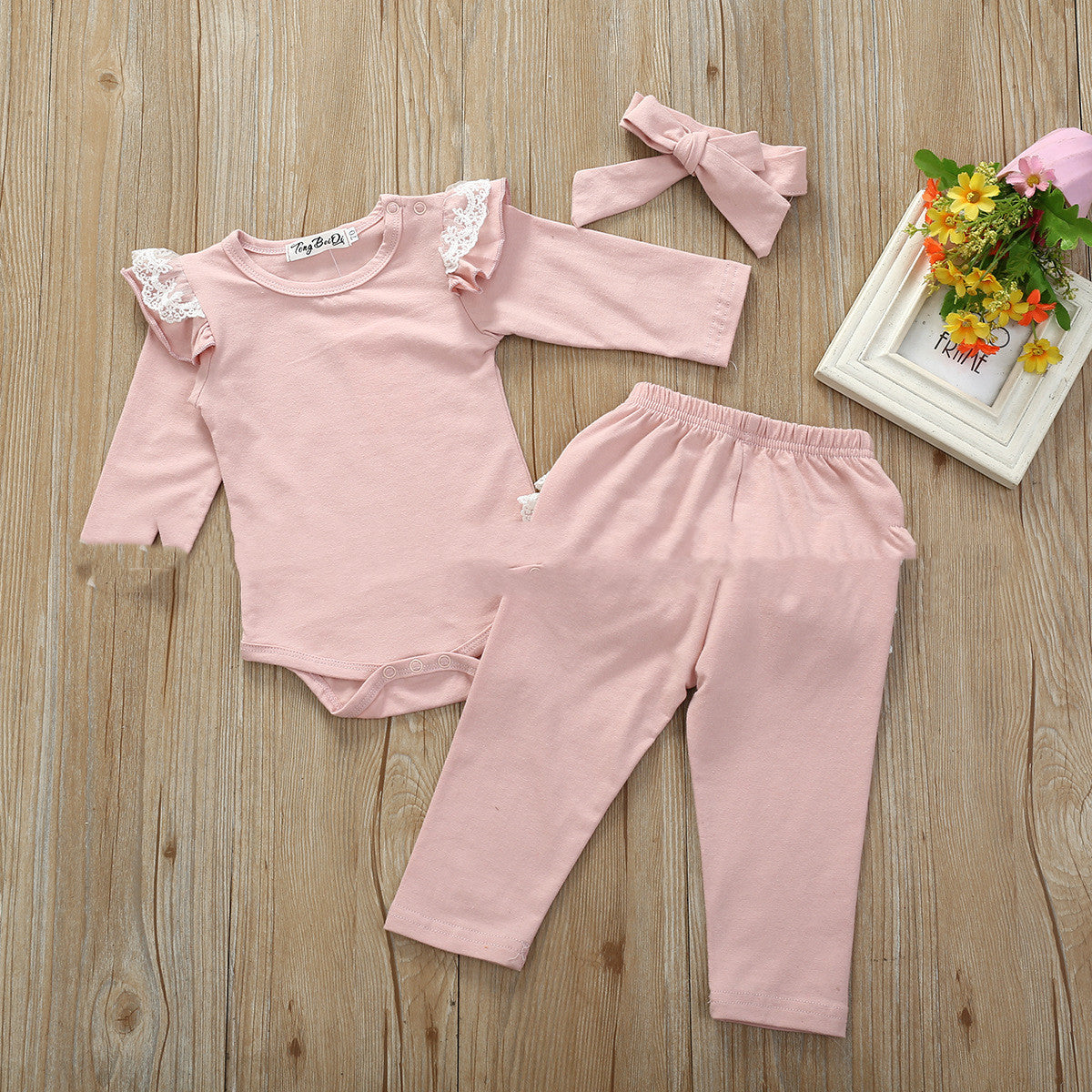 Infant And Toddler Cotton Lace Long-sleeved Harness Lace Long Pants Set