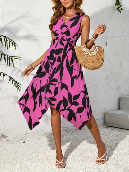Leaf Print Twist Irregular Dress