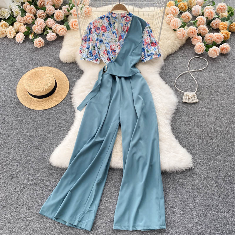 Fake Two Pieces Of Western Style V-neck High Waist Slimming Drape Wide-leg Jumpsuit Women