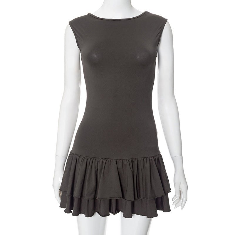 Contrast Color Round Neck Sleeveless Lace Fashion Sexy Short Dress Women