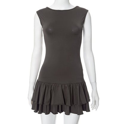 Contrast Color Round Neck Sleeveless Lace Fashion Sexy Short Dress Women