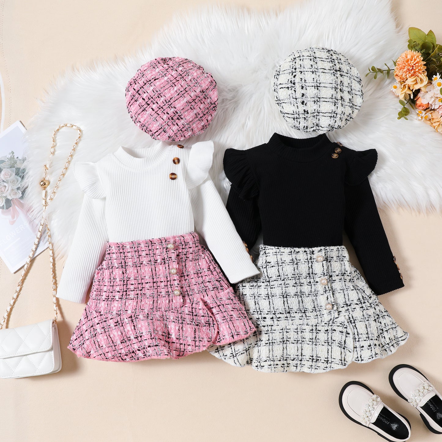 Sunken Stripe Long Sleeve Flying Sleeve Top Plaid Fishtail Skirt Hat Trendy Girl Suit