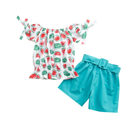 Two-piece children's suit with solid color shorts