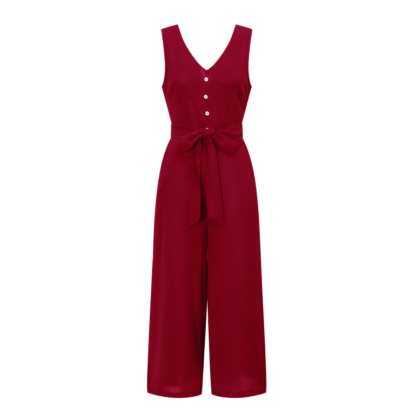 V-neck halter buttons with belt jumpsuit