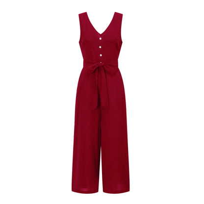 V-neck halter buttons with belt jumpsuit