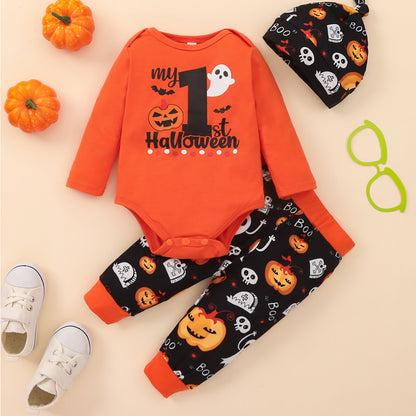 Autumn Baby Boy Orange Round Neck Long Sleeve Letter Romper Printed Black Trousers Hat Infant Children's Suit