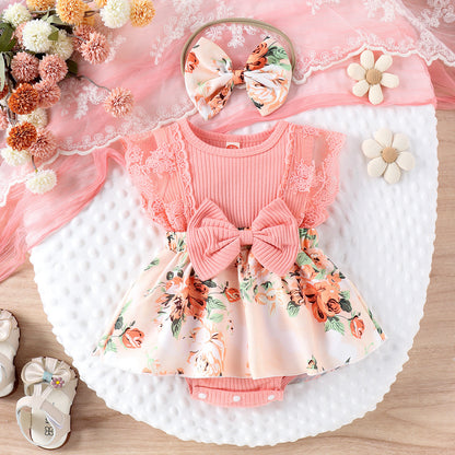 Baby Girl Cute Skirt Print Romper Headscarf