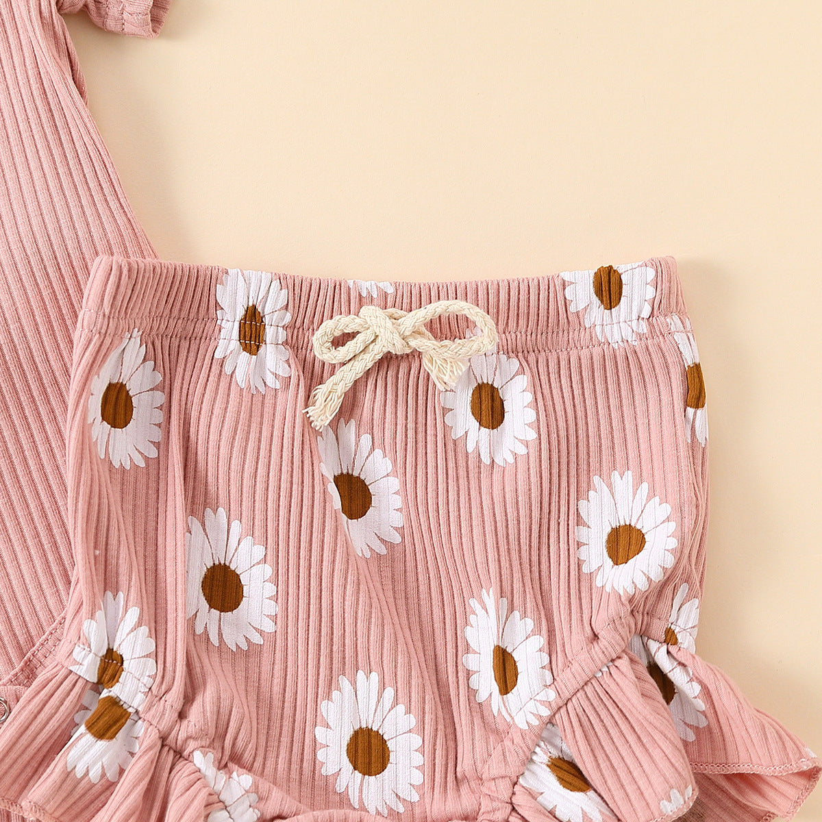 Flounced Sleeve Romper Fake Drawstring Shorts Two-piece Set