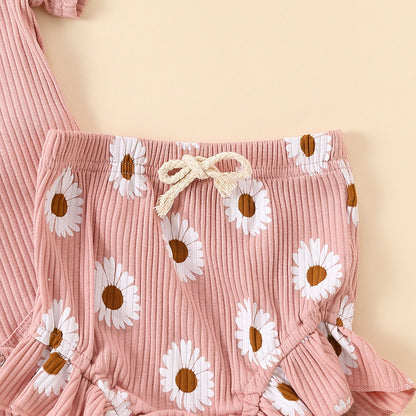 Flounced Sleeve Romper Fake Drawstring Shorts Two-piece Set