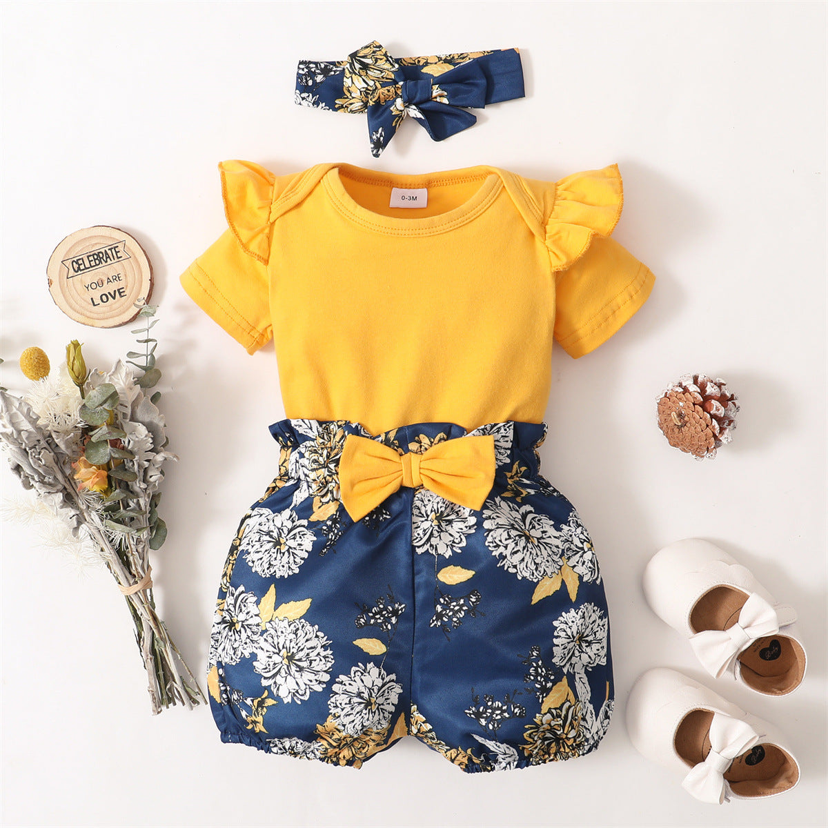 Spring And Autumn Yellow Short Sleeve Romper Floral Shorts Headscarf Three-piece Set