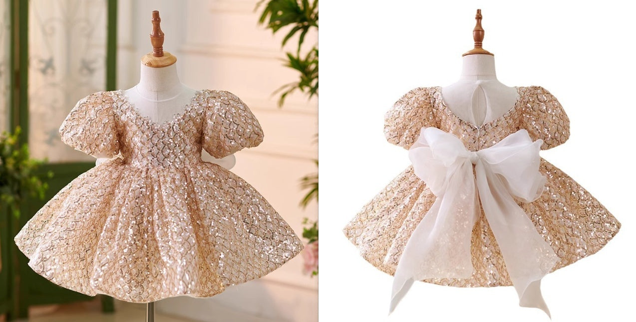 Golden Sequined Puff Sleeve Birthday Party Princess Dress
