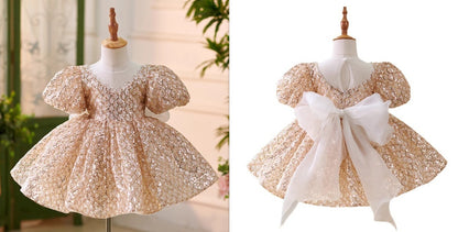 Golden Sequined Puff Sleeve Birthday Party Princess Dress