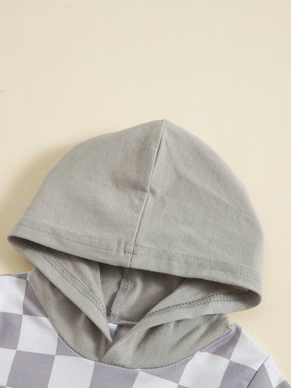 Girls' Plaid Colorblock T-shirt Hooded Shorts Two-piece Set