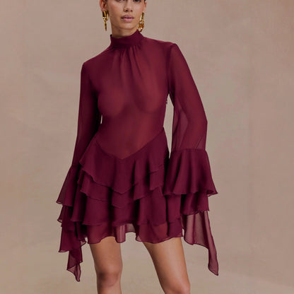 New Elegant Temperament Trumpet Sleeve Sexy Chiffon Dress