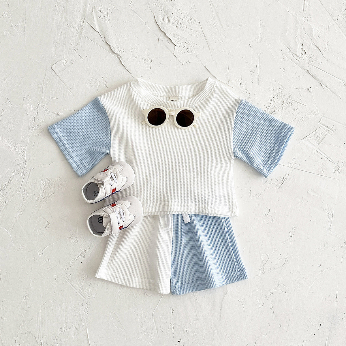 Waffle Stitching Short Sleeve Suit Korean Children Baby Two-piece Suit