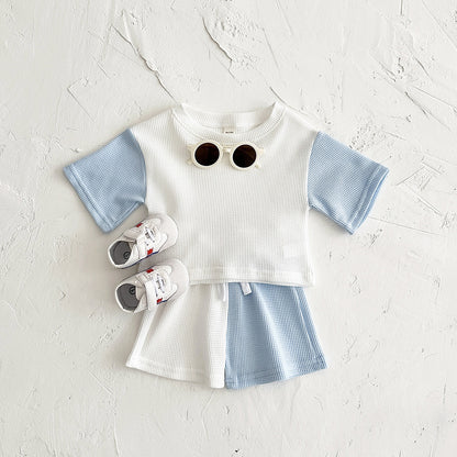 Waffle Stitching Short Sleeve Suit Korean Children Baby Two-piece Suit