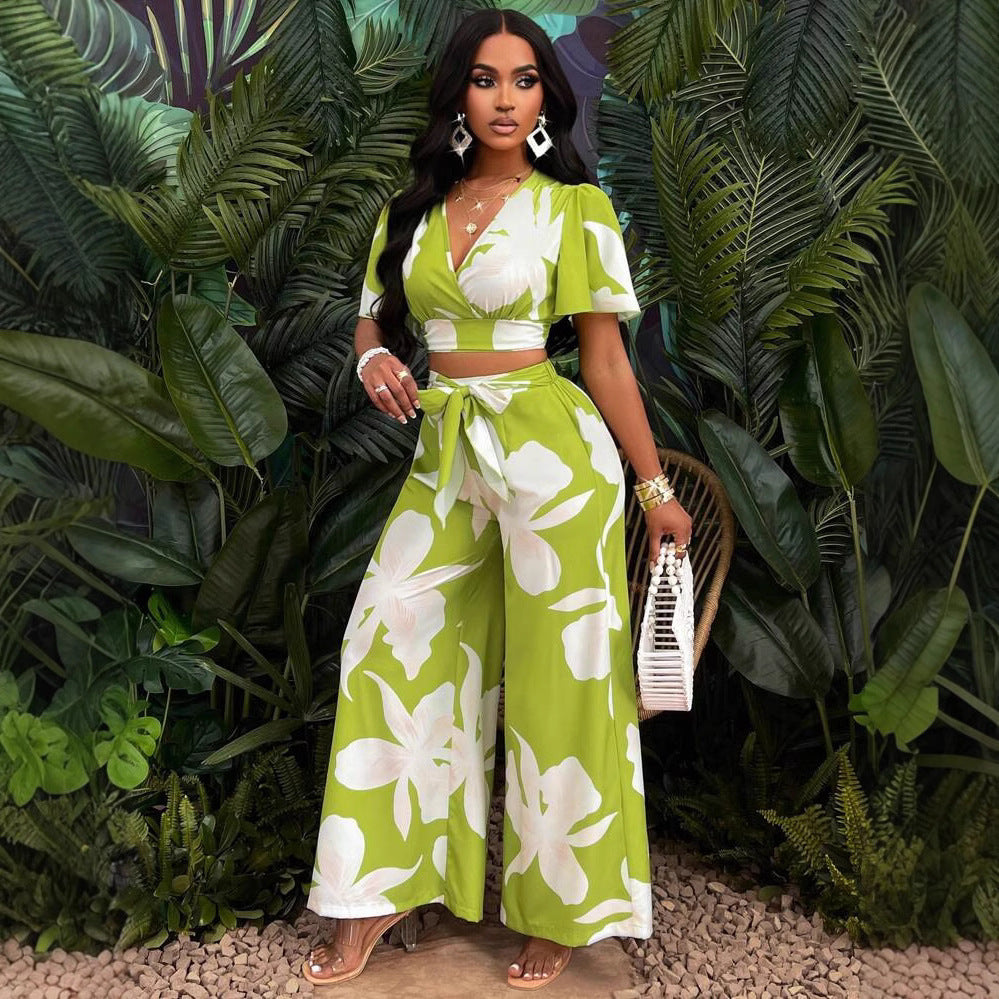 Women's Wear Tropical Printing Pleated Butterfly Sleeve Top Drawstring Wide Leg Trousers Suit