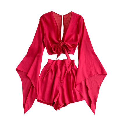 New Design Sense Bell Sleeve Chiffon Shirt High Waist Wide Leg Shorts Western Style Two-piece Suit