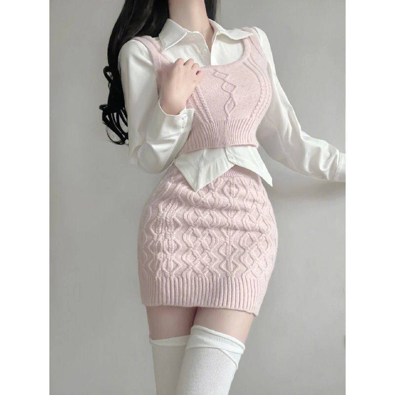 Niche Bandage Dress Sweater Vest Hot Girl Hip Skirt Autumn Suit Women