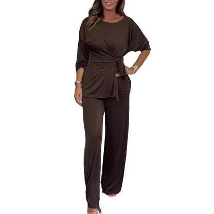 Amazon Europe And America Cross Border 2024 Fall Women's Clothing Solid Color Casual Fashion Lace-up Long Sleeve Top And Trousers Suit