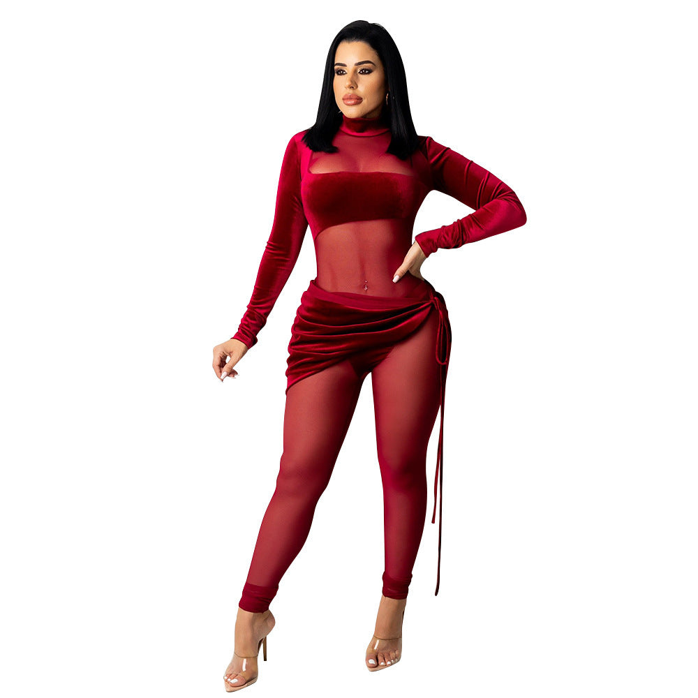 Sexy Mesh Velvet Stitching Solid Color Jumpsuit