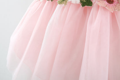Girl's Mesh Strap Dress Waist Flower Princess Beautiful Dress