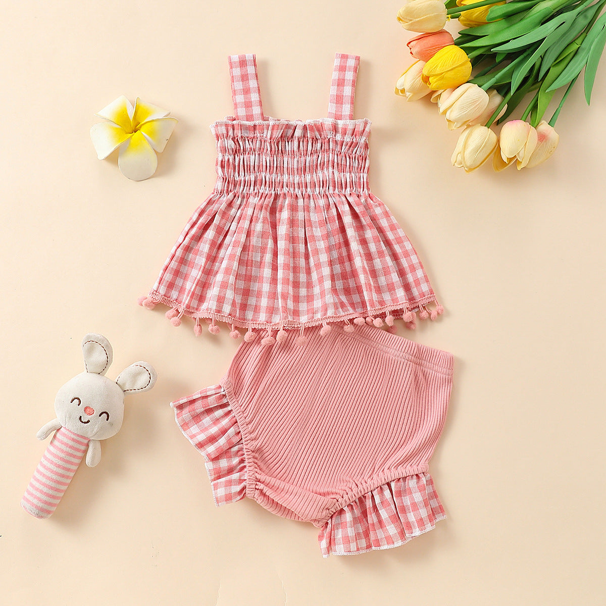 Baby Girl Cute Plaid Sling Half-length Lace Skirt Shorts Two-piece Suit