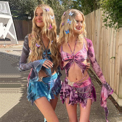 Women's Clothes Flared Sleeves Butterfly Print Lace-up Cutout Skirt Outfit