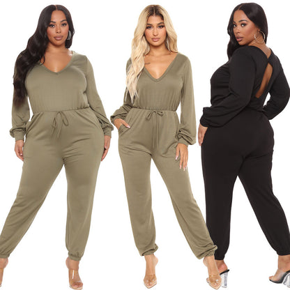 Women's V Neck Back Cutout Long Sleeve Casual Waist Jumpsuit
