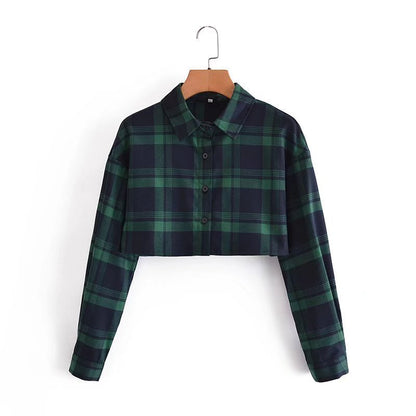 Autumn And Winter Plaid Lapel Long-sleeved Single-breasted Short Plaid Shirt