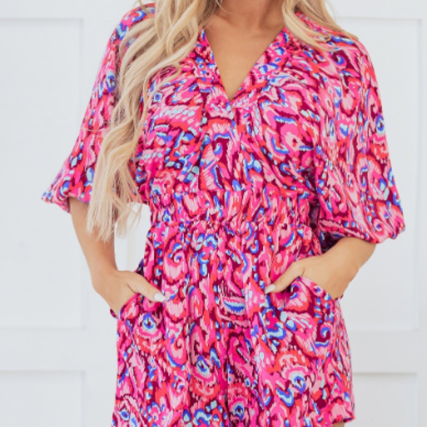 Abstract Print Puff Sleeve V Neck High Waist Romper