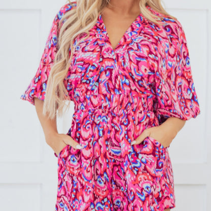 Abstract Print Puff Sleeve V Neck High Waist Romper