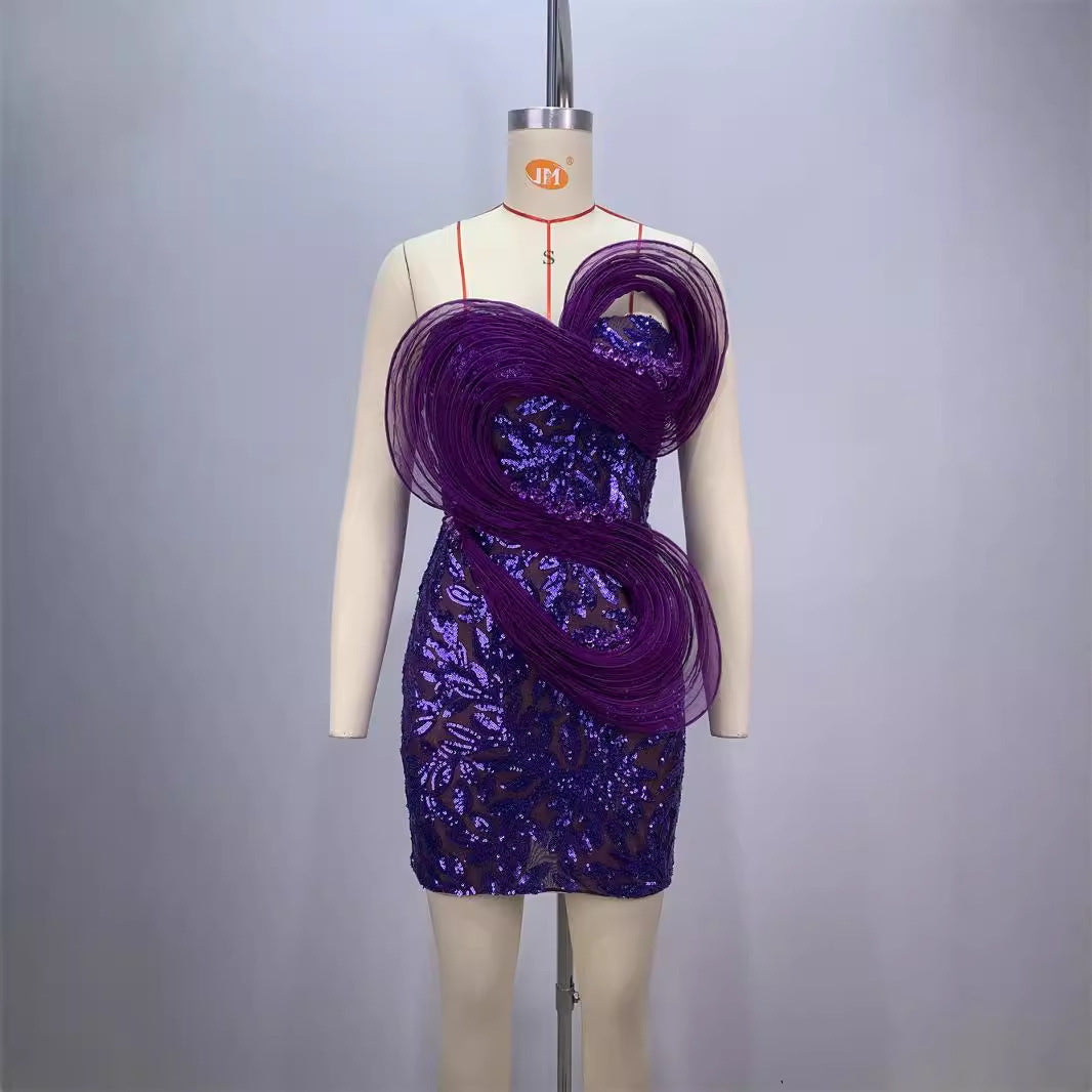 Fashion Backless Off-shoulder Tube Top Mesh Sequins Tight Purple Mini Dress