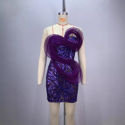 Fashion Backless Off-shoulder Tube Top Mesh Sequins Tight Purple Mini Dress