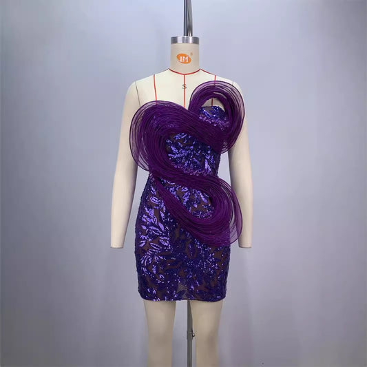 Fashion Backless Off-shoulder Tube Top Mesh Sequins Tight Purple Mini Dress
