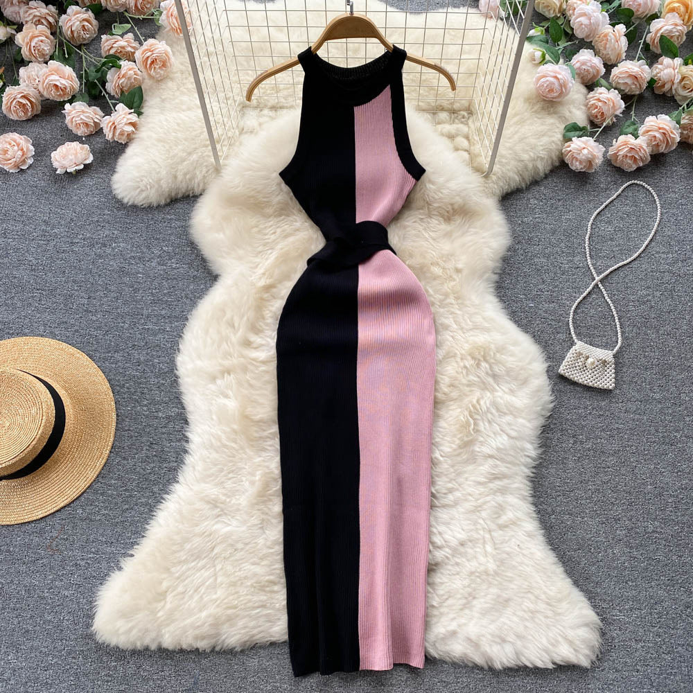 Slim Fit Slimming Long Round Neck Sleeveless Dress Color Matching Skinny Sheath Knitted Dress