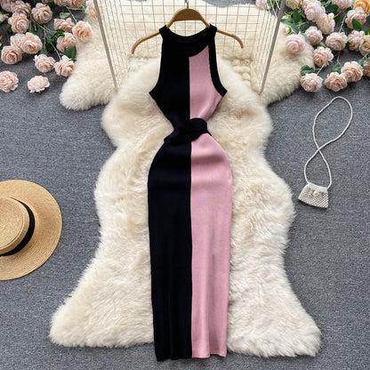 Slim Fit Slimming Long Round Neck Sleeveless Dress Color Matching Skinny Sheath Knitted Dress