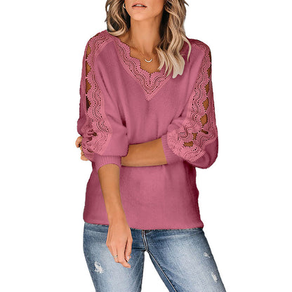 Autumn And Winter New Style Solid Color Lace V-leader Hollow Sexy Knit Top Women