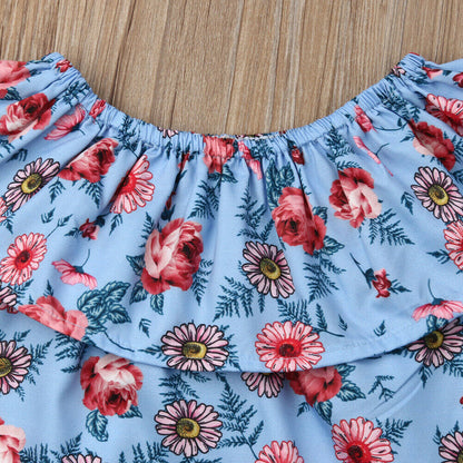 Girls SDuit Blue Floral Overalls + tube Top 2 Piece Set