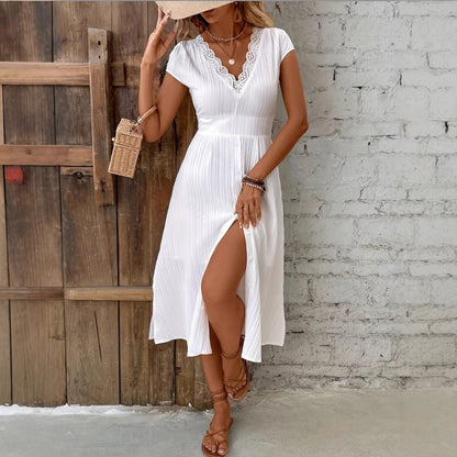 V-neck Lace Textured Shirt Fashion Dress Date Elegant Dress