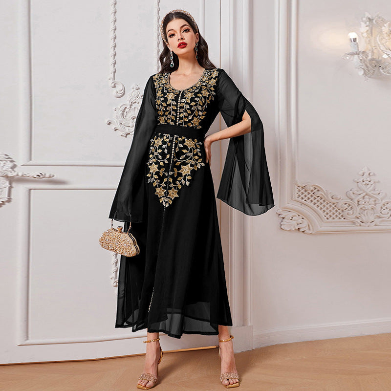 Women's Fashion Embroidery Applique Super Long Sleeve Dress