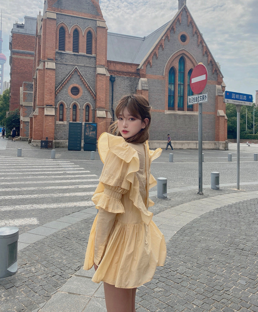 Yellow puff sleeve shirt waist dress