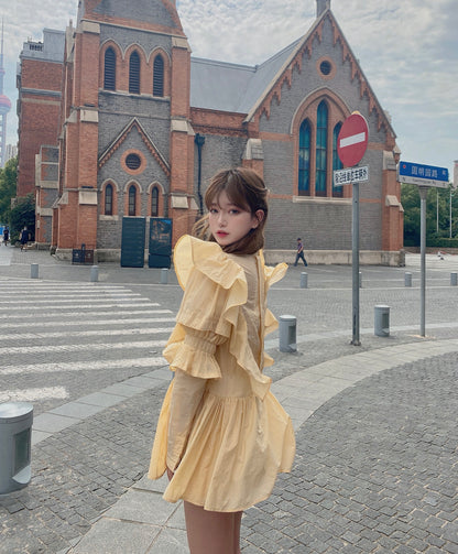 Yellow puff sleeve shirt waist dress