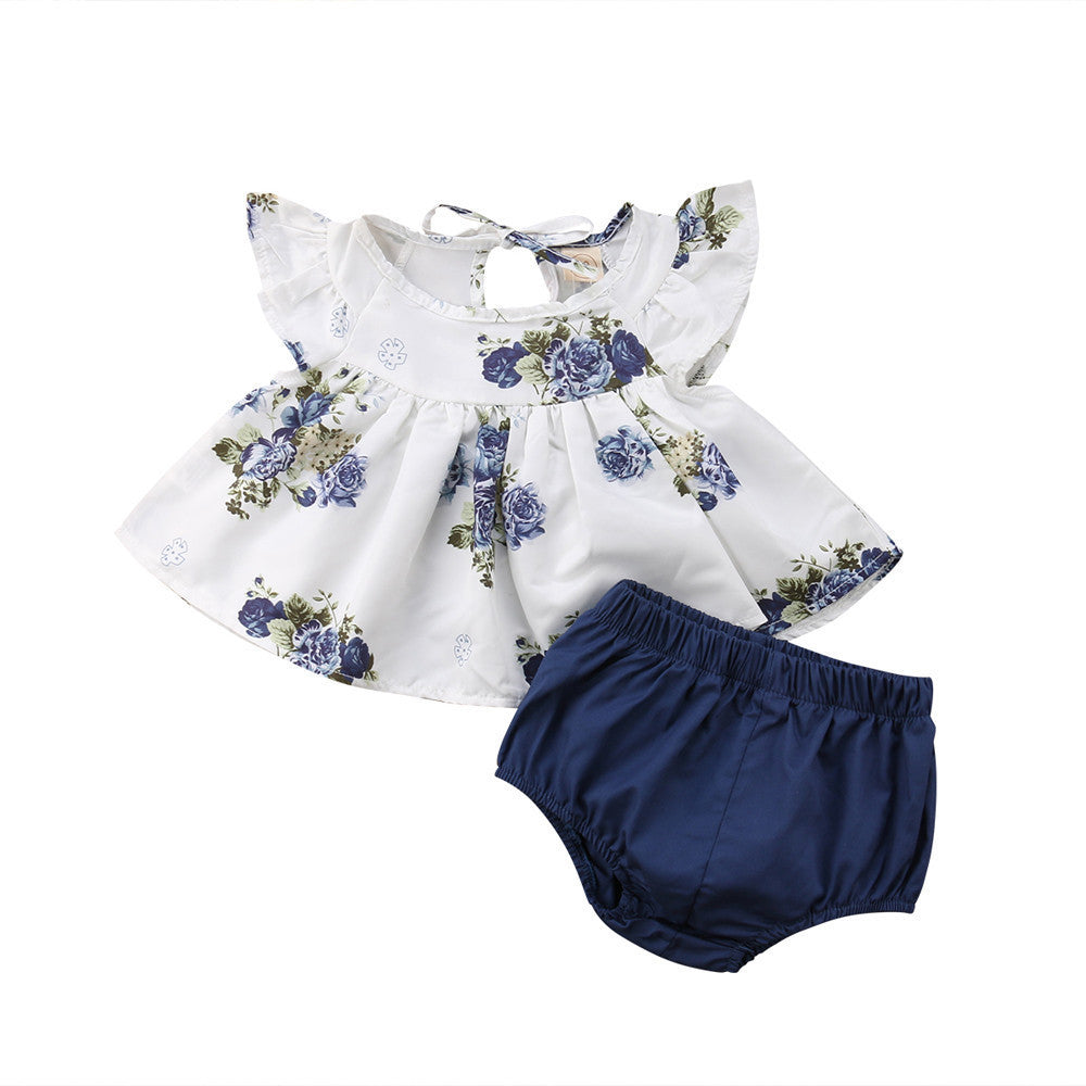 Two-piece Girl's Floral Print Shirt And Shorts