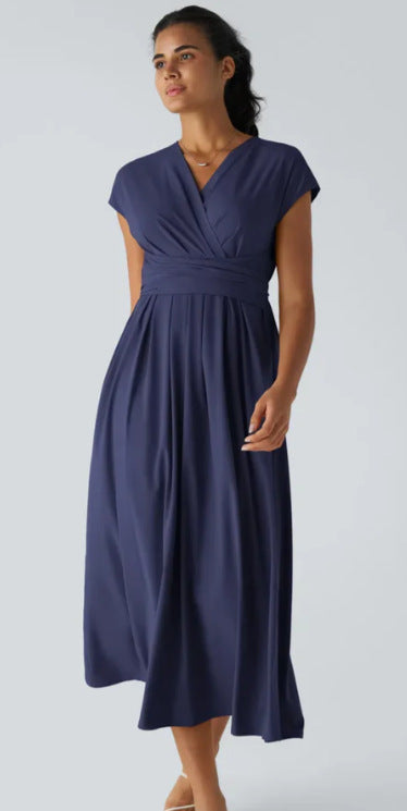 Solid Color Overlapping V-neck Short Sleeve Side Pocket Lace-up Quick-drying Mid-length Casual Dress