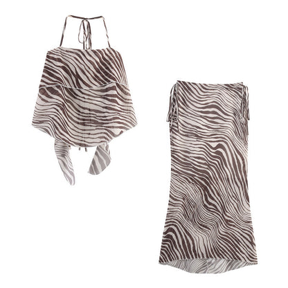 Animal Print Halter Spaghetti Straps High Waist Skirt Suit