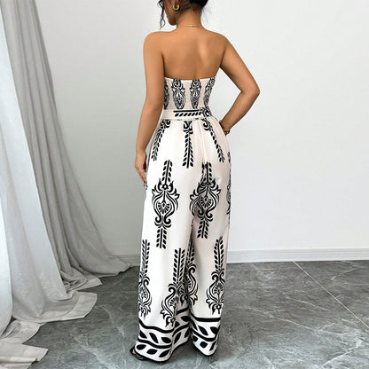 Women's Wide-leg Slim Fit Tied Printed Jumpsuit