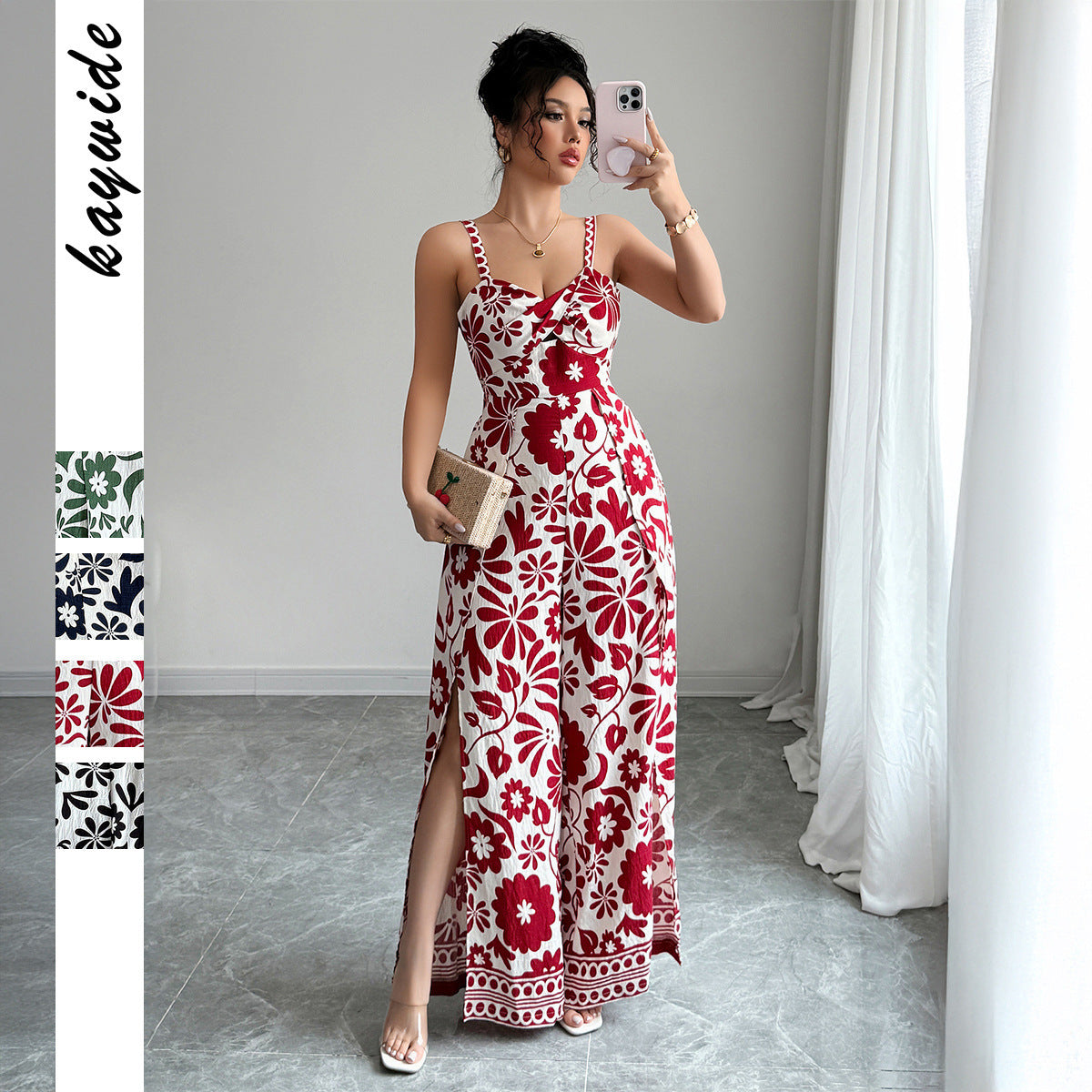 Elegant Graceful Printed Suspender Long Dress Women's Dress